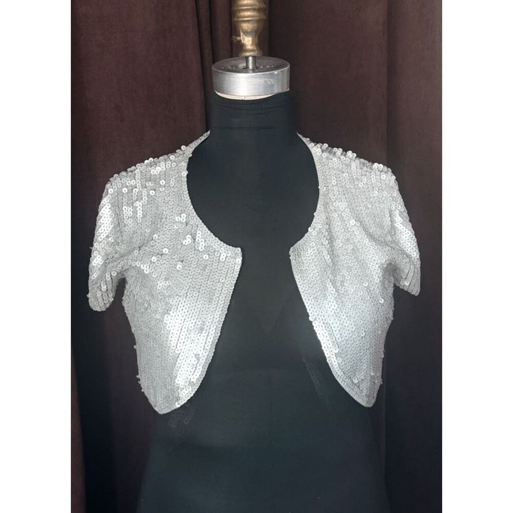 Andrianna Papell Silver Cap Sleeves Sequin Boloro Jacket Sz: Small